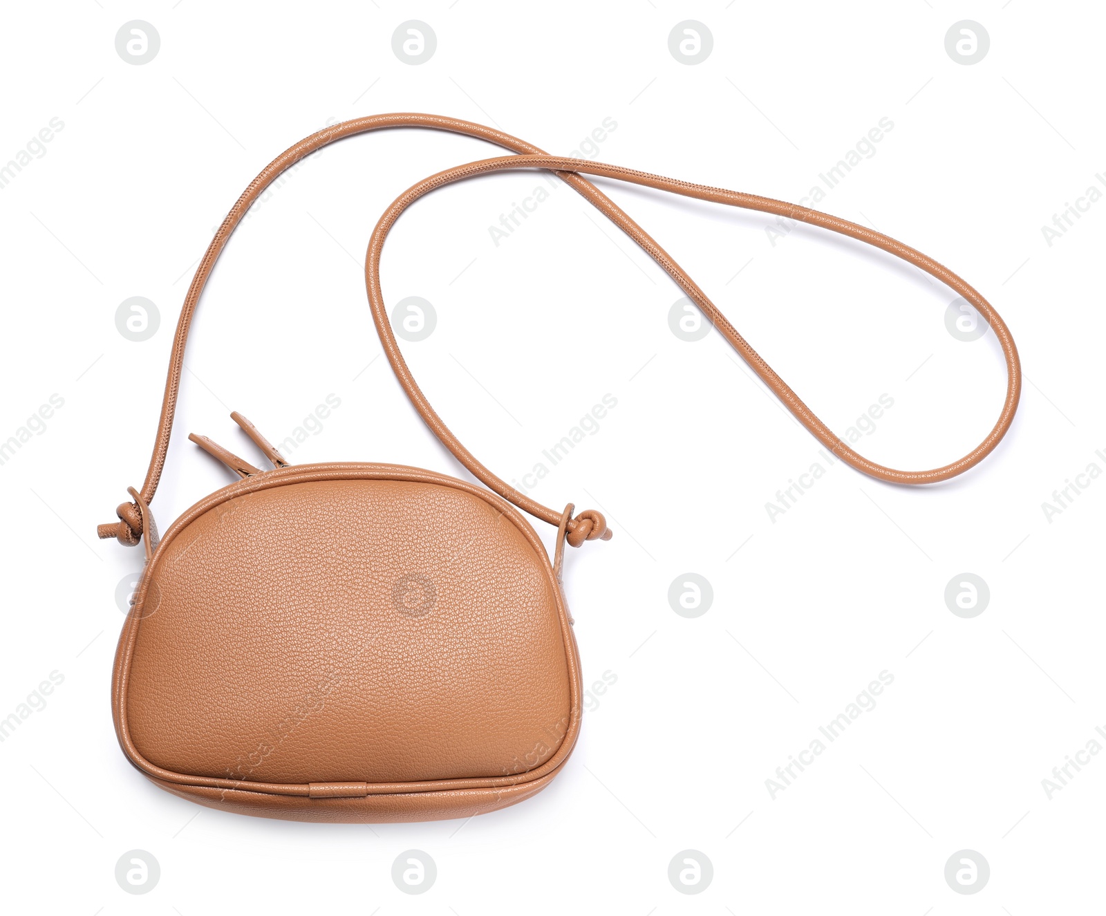 Photo of Stylish light brown leather handbag isolated on white, top view