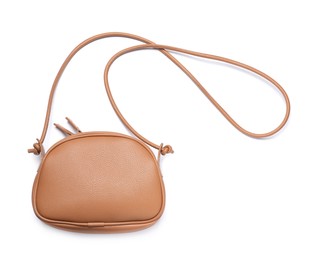 Stylish light brown leather handbag isolated on white, top view