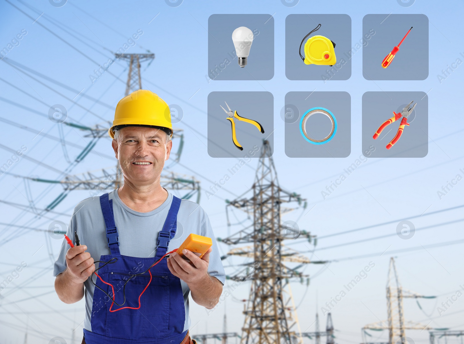 Image of Mature electrician and tools against high voltage towers