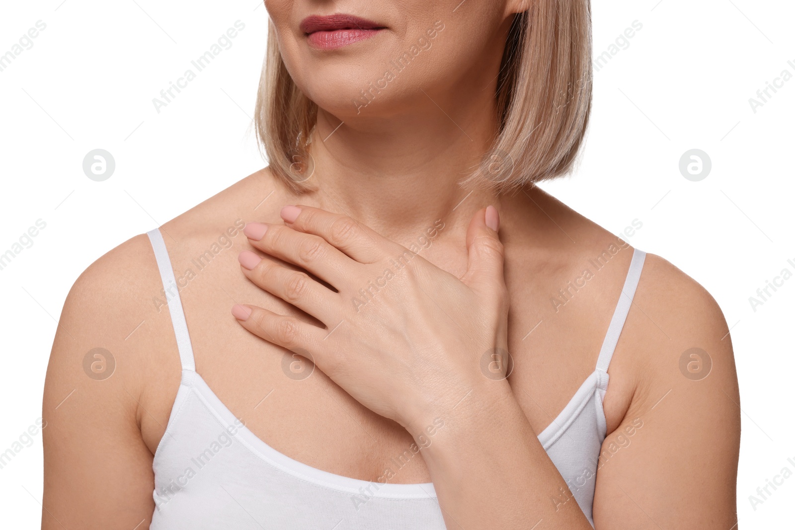 Photo of Woman touching her neck on white background, closeup