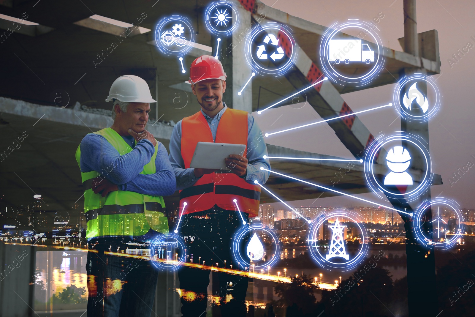 Image of Multiple exposure of professional engineers, scheme and night cityscape 