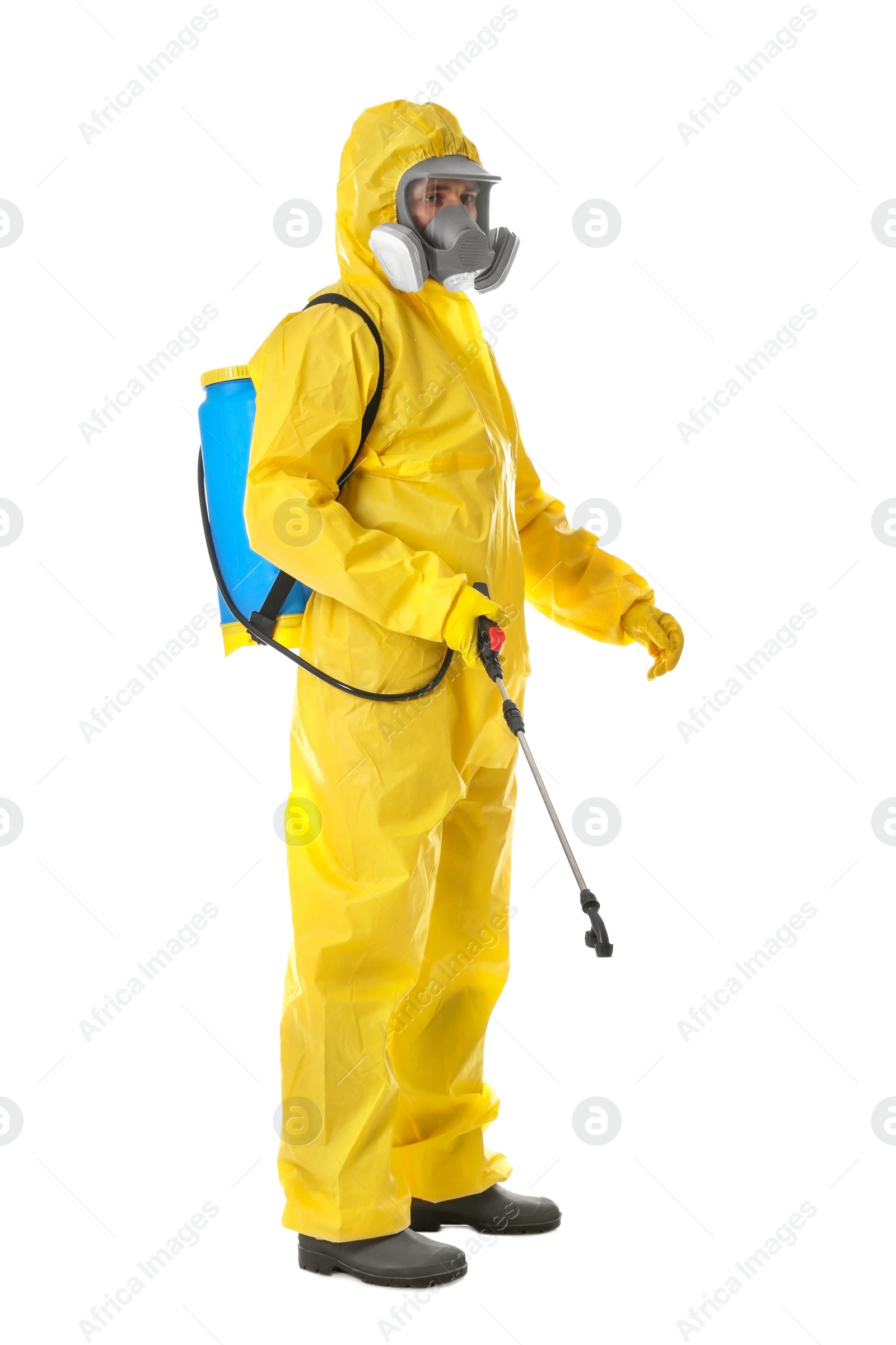 Photo of Man wearing protective suit with insecticide sprayer on white background. Pest control