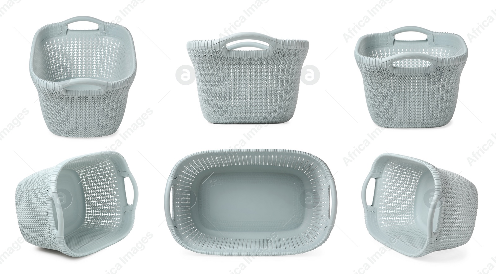 Plastic laundry basket on white background, view from different sides. Banner design Image of Plastic laundry basket on white background, view from different sides. Banner design