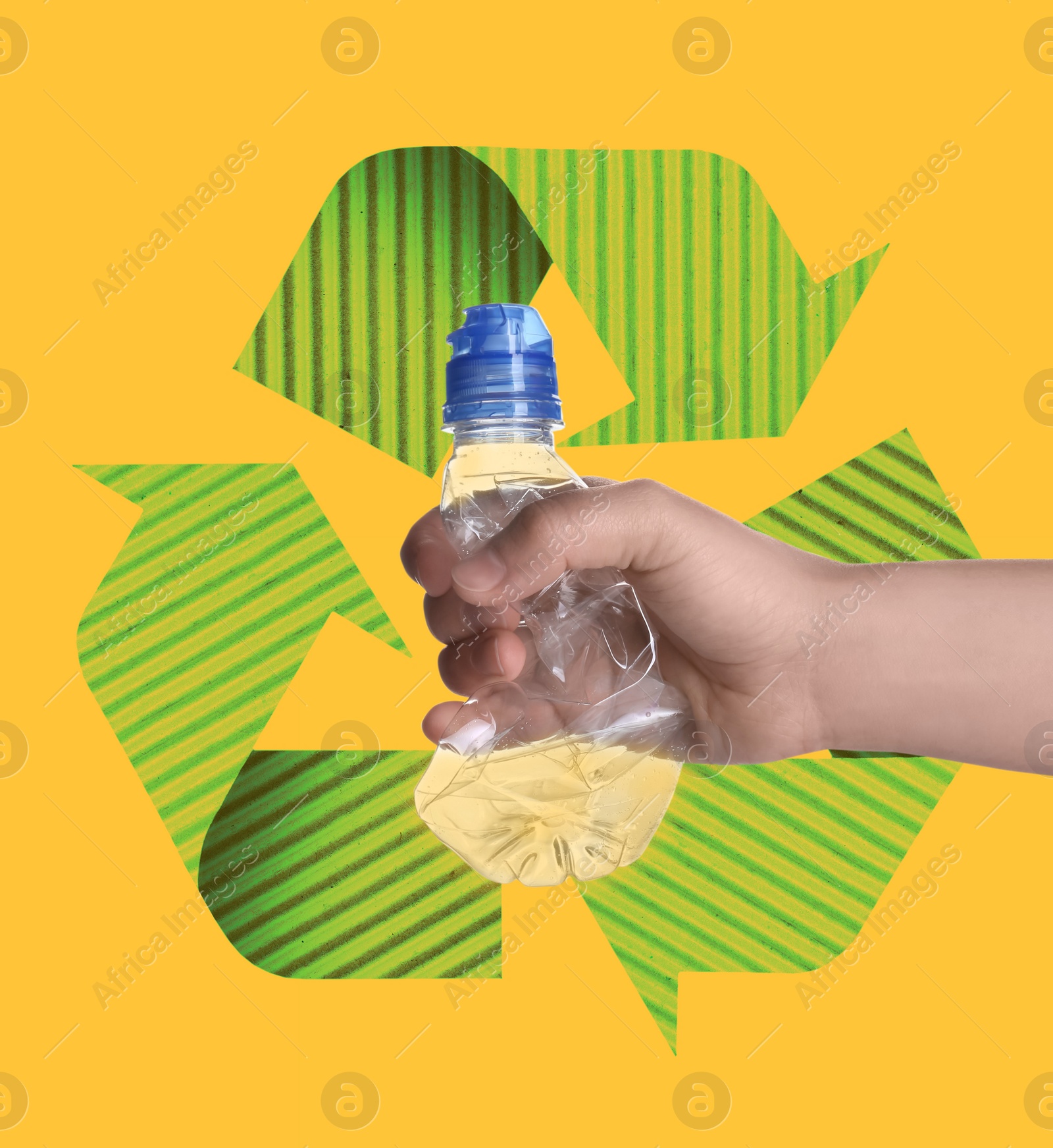 Image of Illustration of recycling symbol and woman holding plastic bottle on orange background, closeup