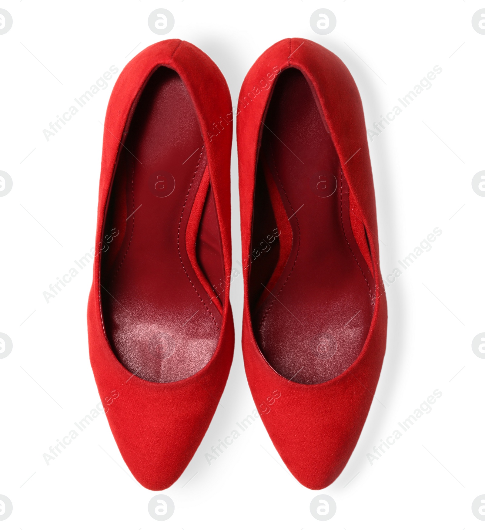 Photo of Pair of red female shoes on white background