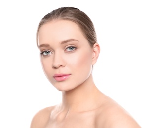 Portrait of young woman with beautiful face on white background