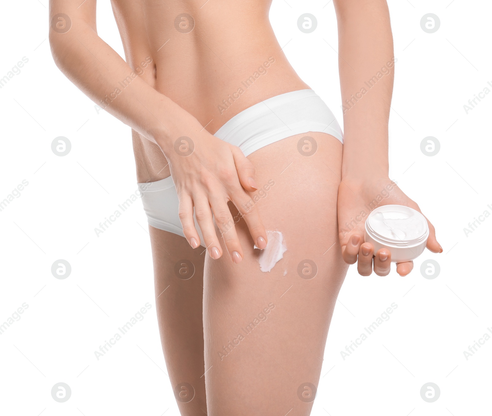 Photo of Young woman with jar of body cream on white background