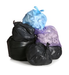 Trash bags full of garbage on white background