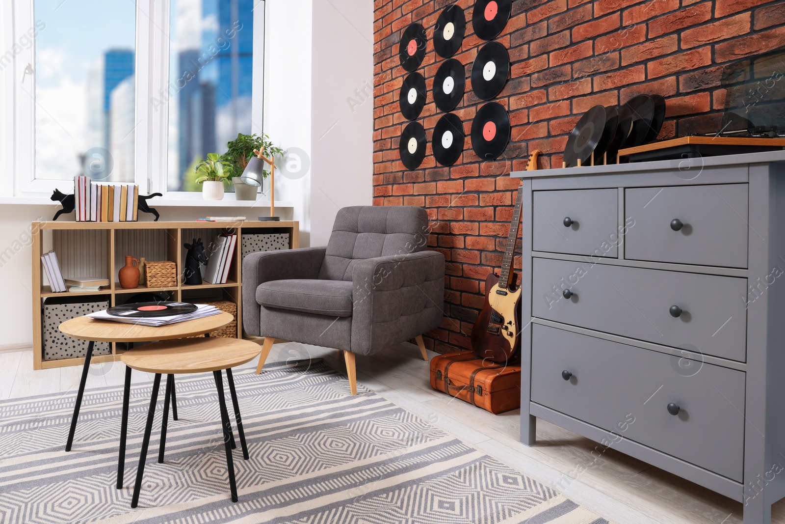 Photo of Living room decorated with vinyl records. Interior design