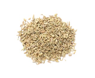 Photo of Pile of dry fennel seeds isolated on white, top view