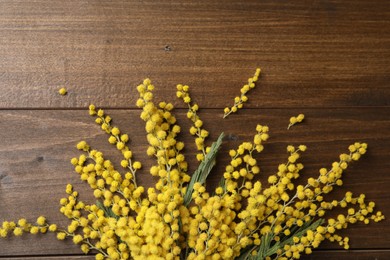 Photo of Beautiful mimosa flowers on wooden table, flat lay