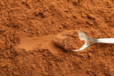 Spoon on cocoa powder, top view