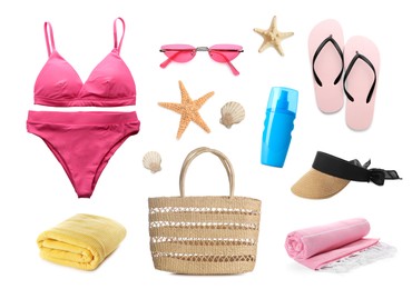 Set with different beach accessories on white background 