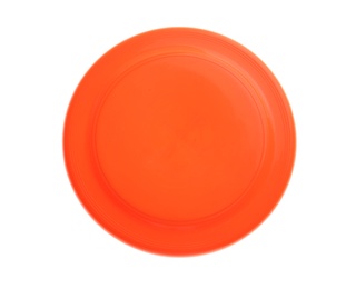 Orange plastic frisbee disk isolated on white, top view
