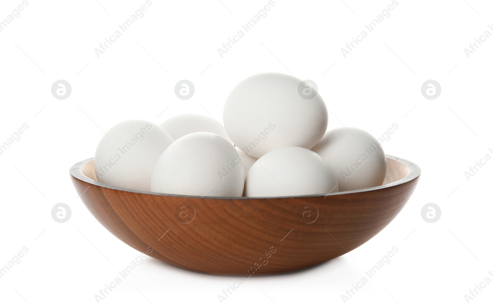 Photo of Bowl with raw chicken eggs on white background