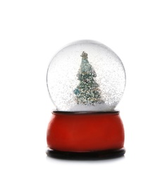 Photo of Beautiful snow globe with Christmas tree inside on white background