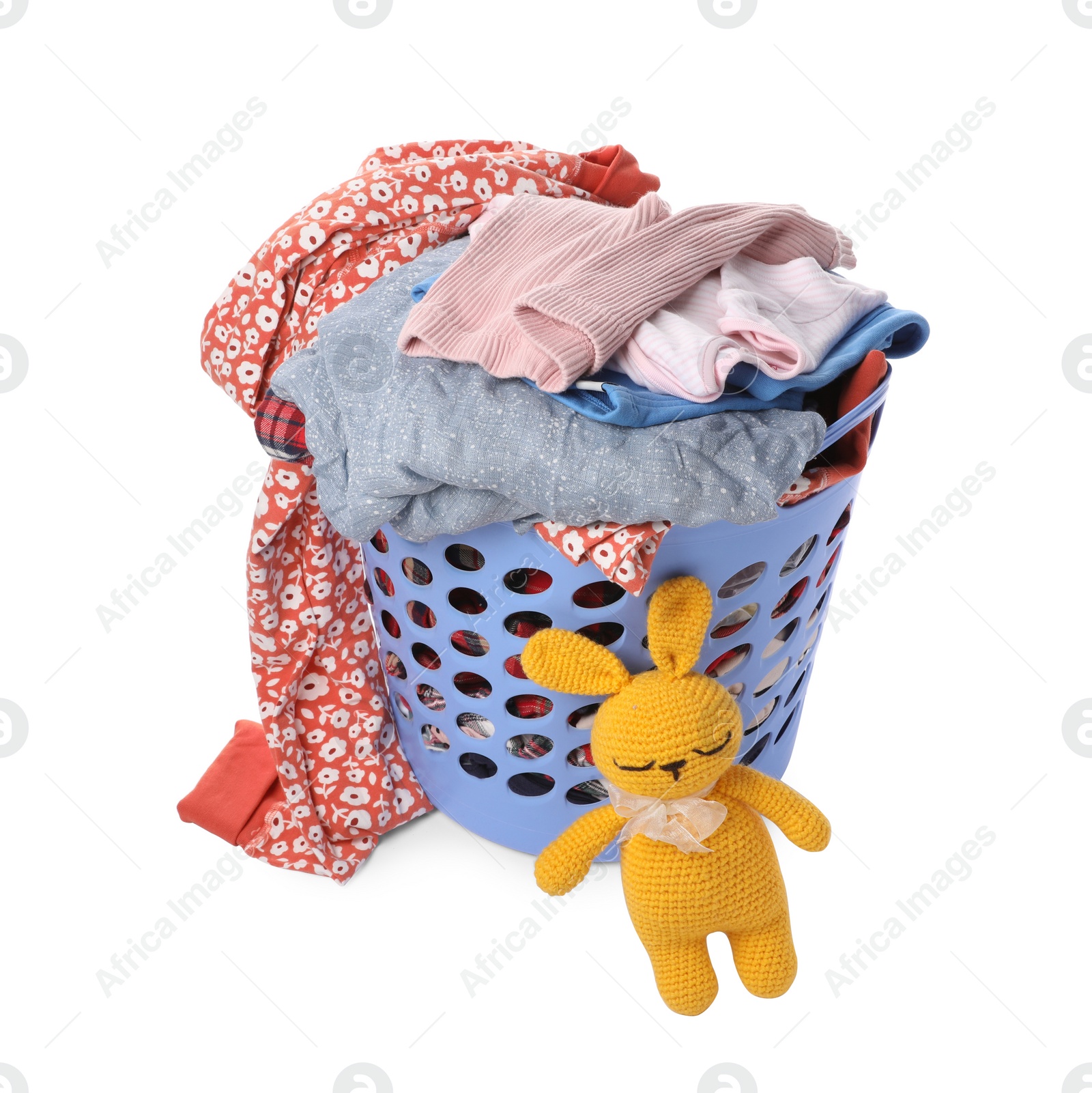 Photo of Laundry basket with baby clothes and soft toy isolated on white