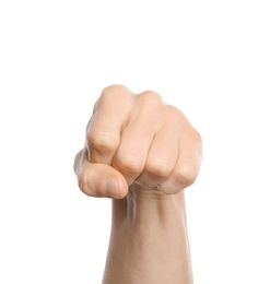 Photo of Man showing word yes on white background, closeup. Sign language