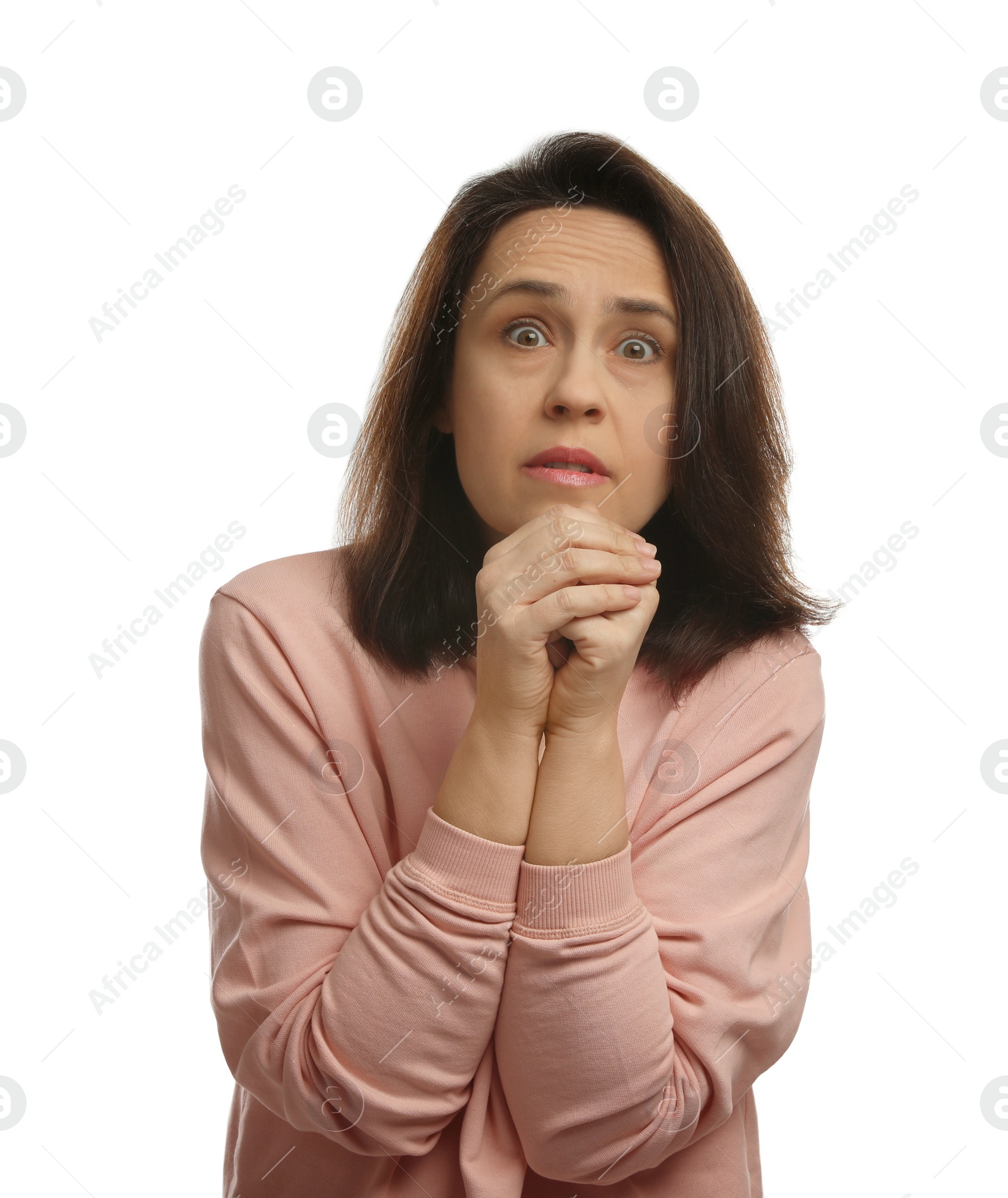 Photo of Mature woman feeling fear on white background