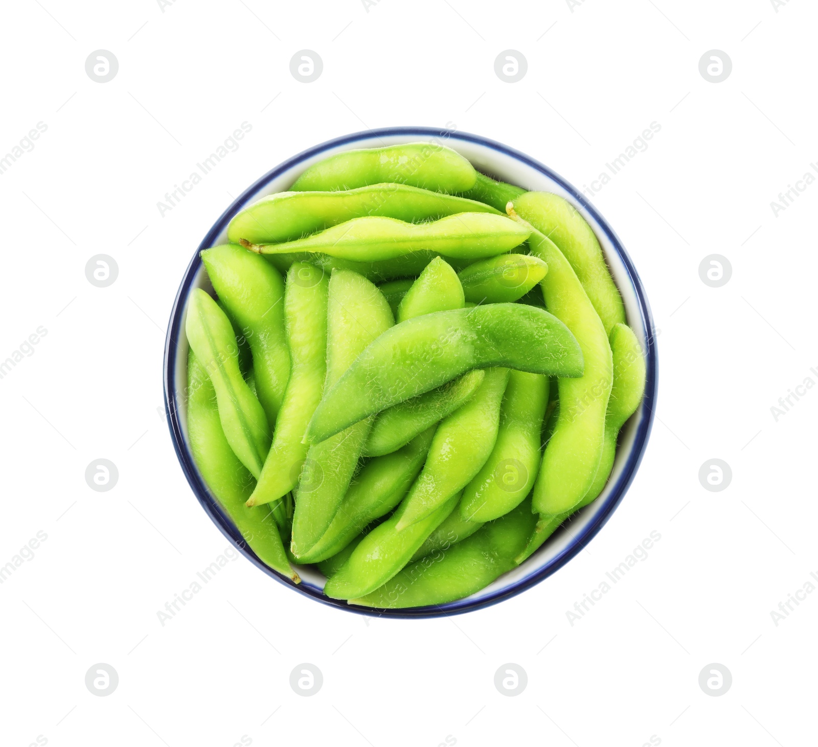 Photo of Bowl with green edamame pods on white background, top view