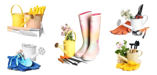 Set with watering cans and different gardening tools on white background. Banner design