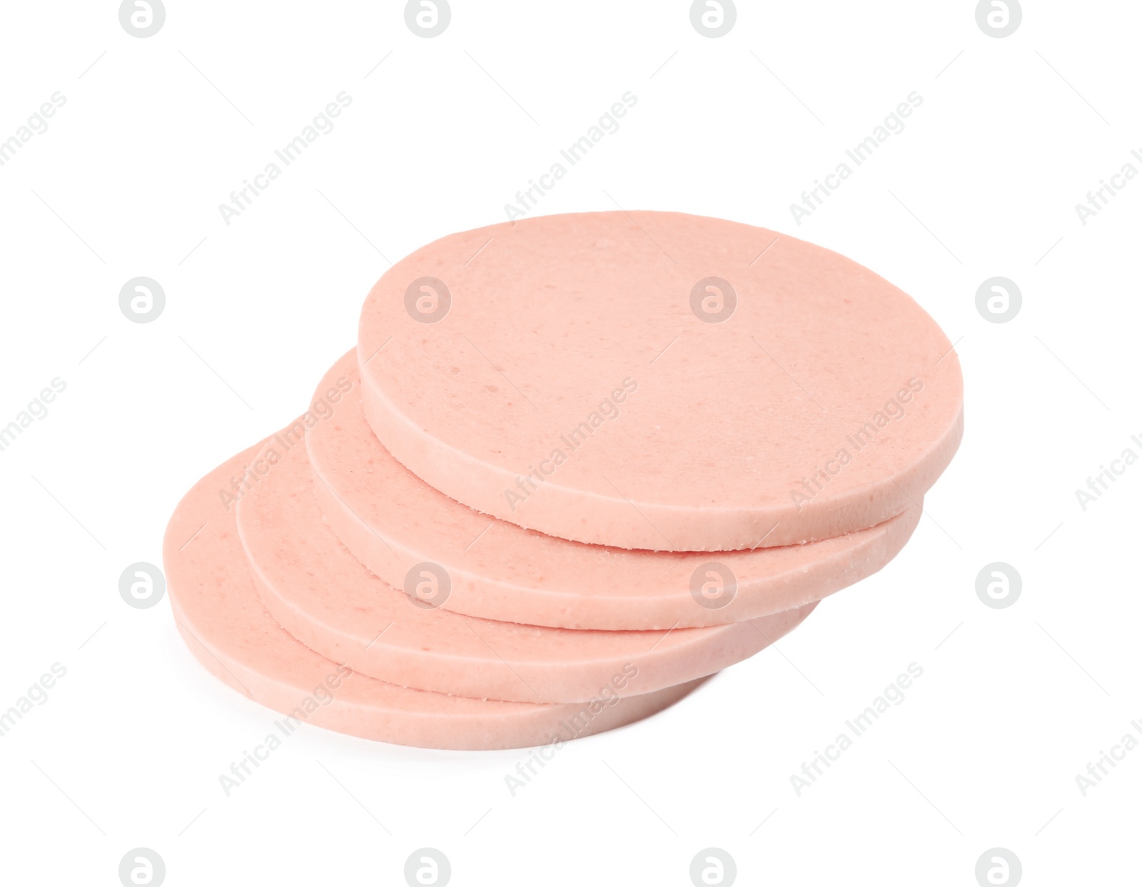 Photo of Slices of delicious boiled sausage on white background