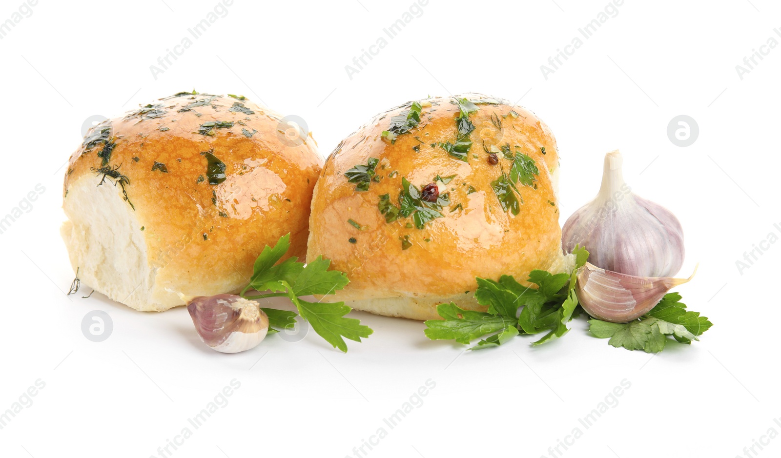 Photo of Traditional Ukrainian bread (Pampushky) with garlic and parsley on white background