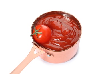 Photo of Tasty homemade tomato sauce and fresh vegetable in saucepan on white background