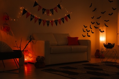 Modern room decorated for Halloween. Festive interior