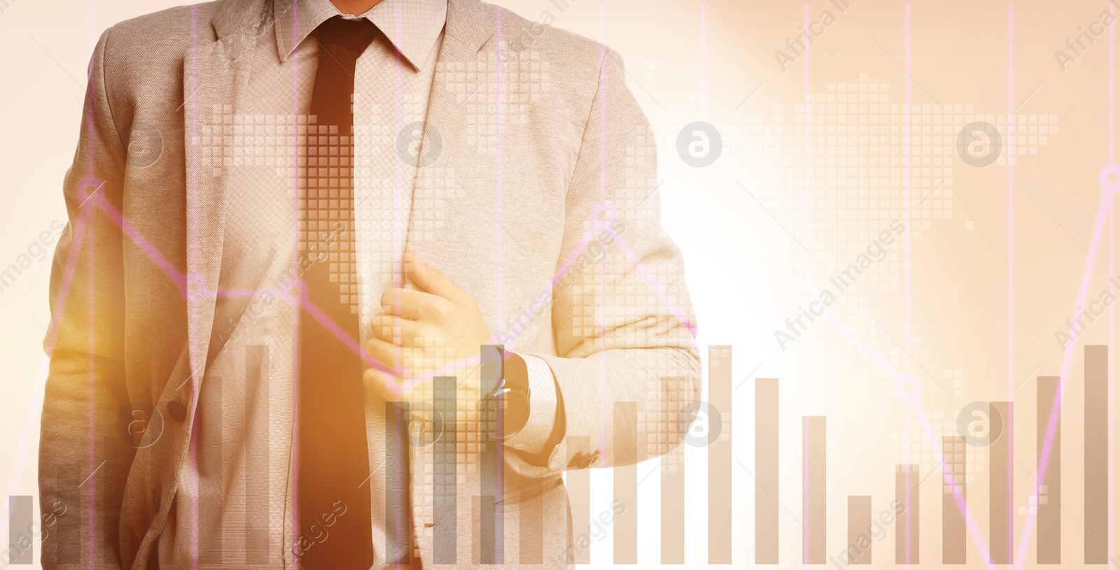 Image of Businessman on light background, closeup. Forex trading