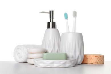 Photo of Bath accessories. Different personal care products on table against white background