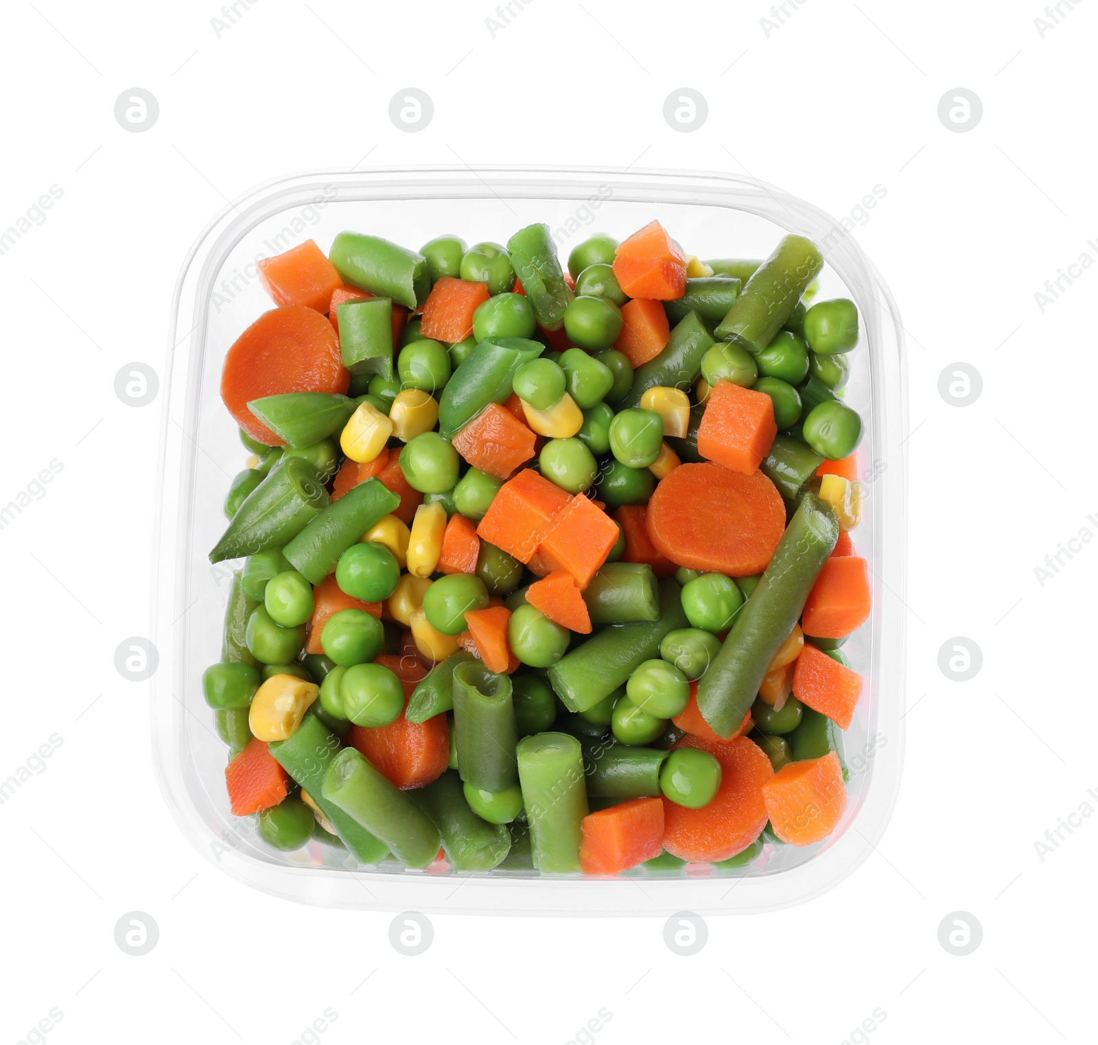 Photo of Mix of fresh vegetables in plastic container isolated on white, top view