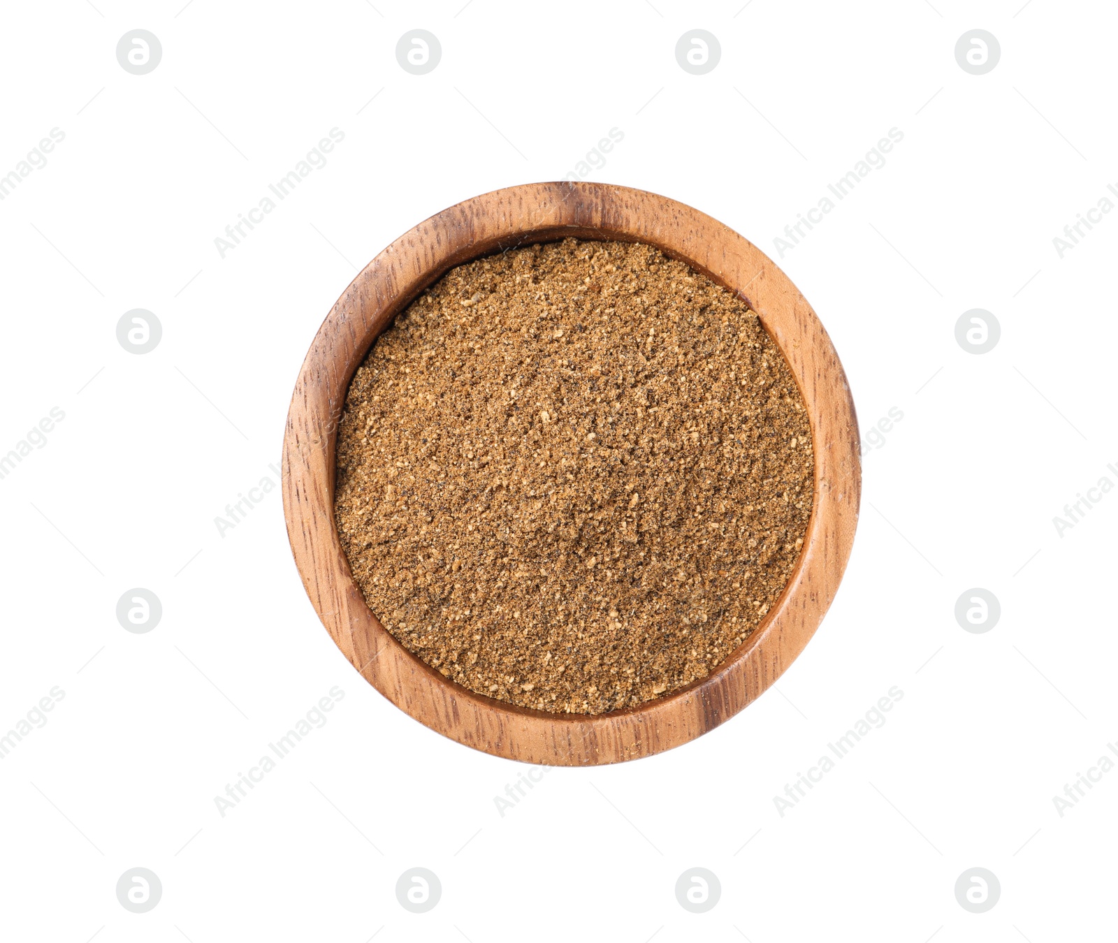 Photo of Bowl of aromatic caraway (Persian cumin) powder isolated on white, top view