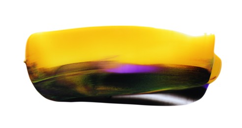 Photo of Black, yellow and purple paint samples on white background, top view