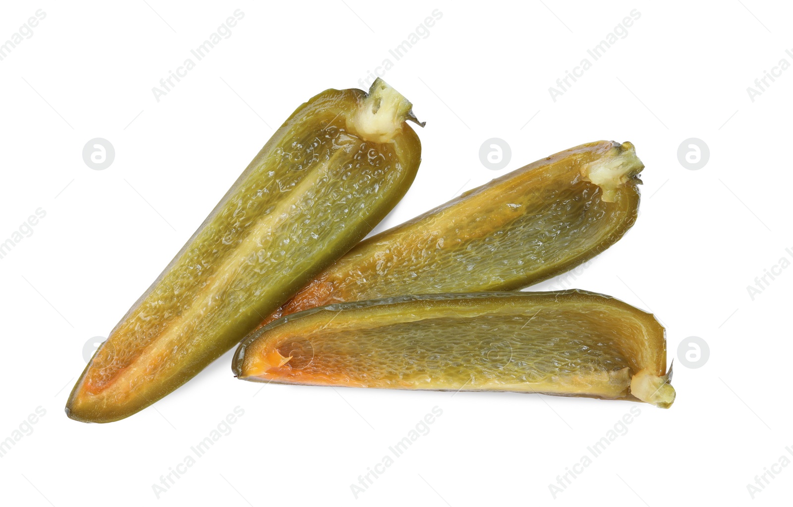 Photo of Cut pickled green jalapeno on white background, top view