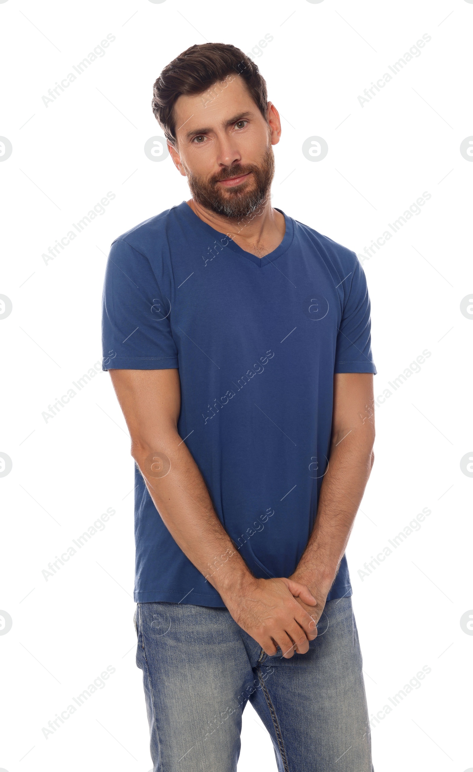 Photo of Embarrassed man in shirt on white background