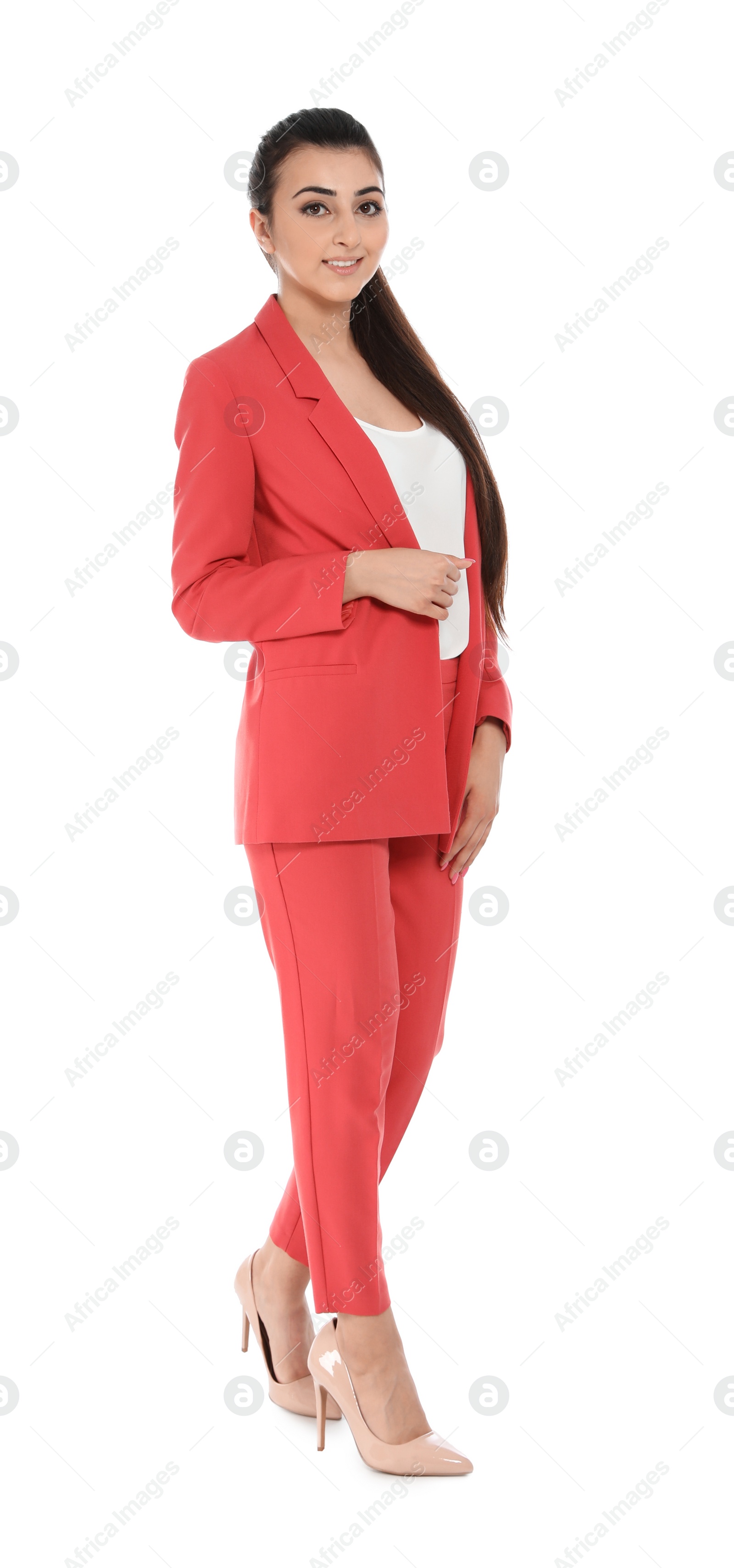 Photo of Full length portrait of smiling businesswoman on white background