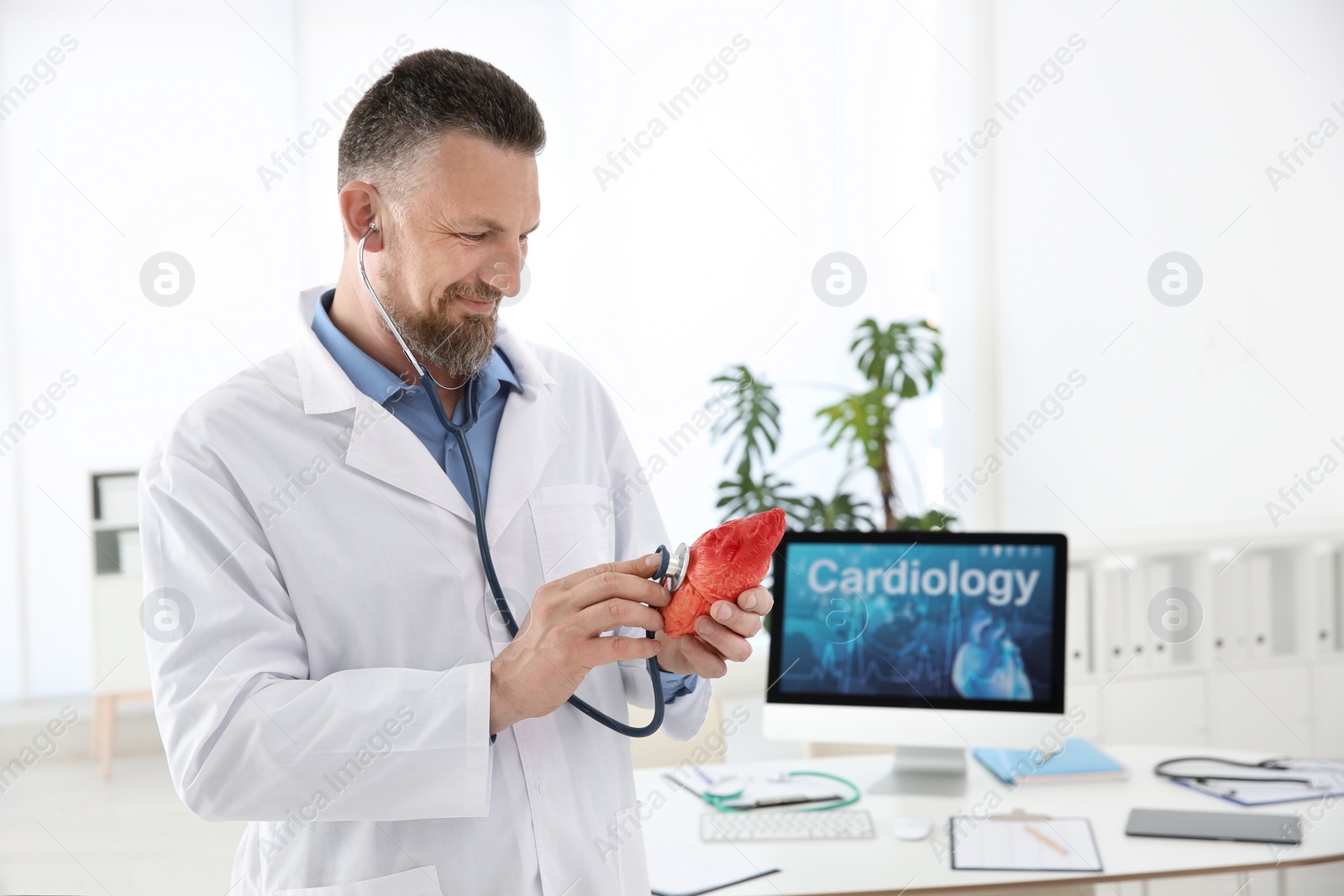 Photo of Male doctor with heart model and stethoscope in clinic. Cardiology center