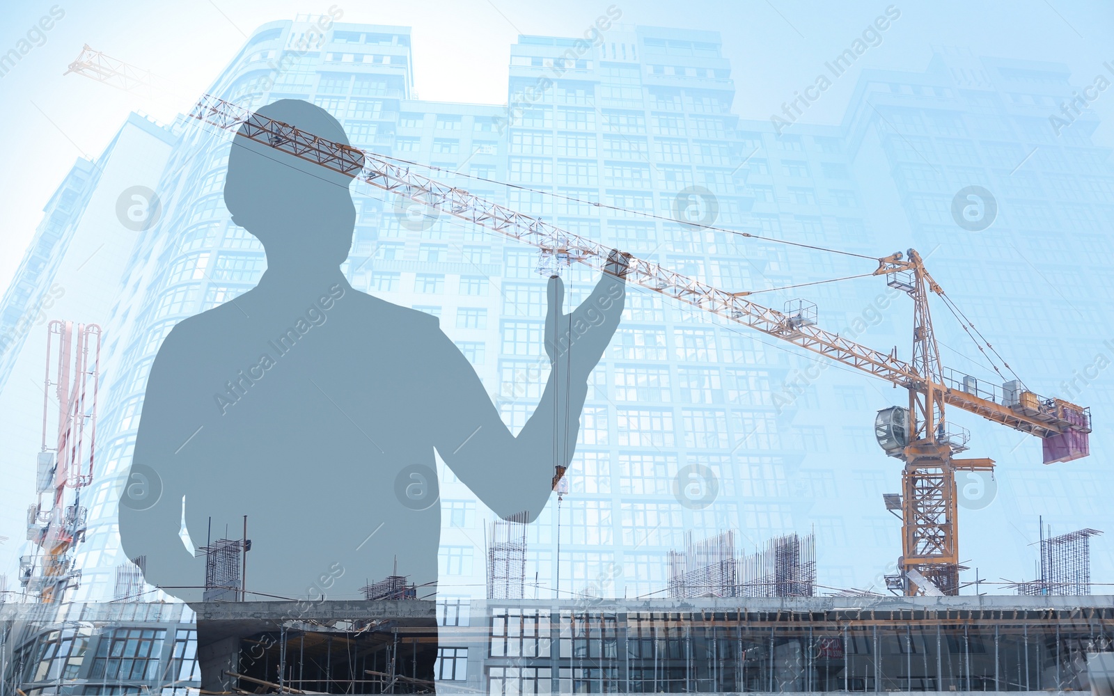 Image of Multiple exposure of engineer, construction site and modern building