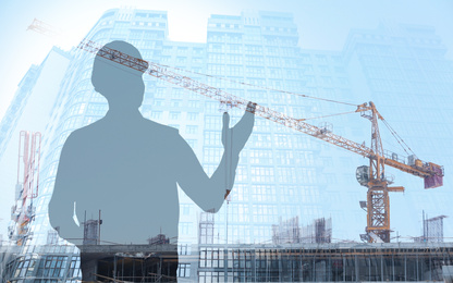 Multiple exposure of engineer, construction site and modern building