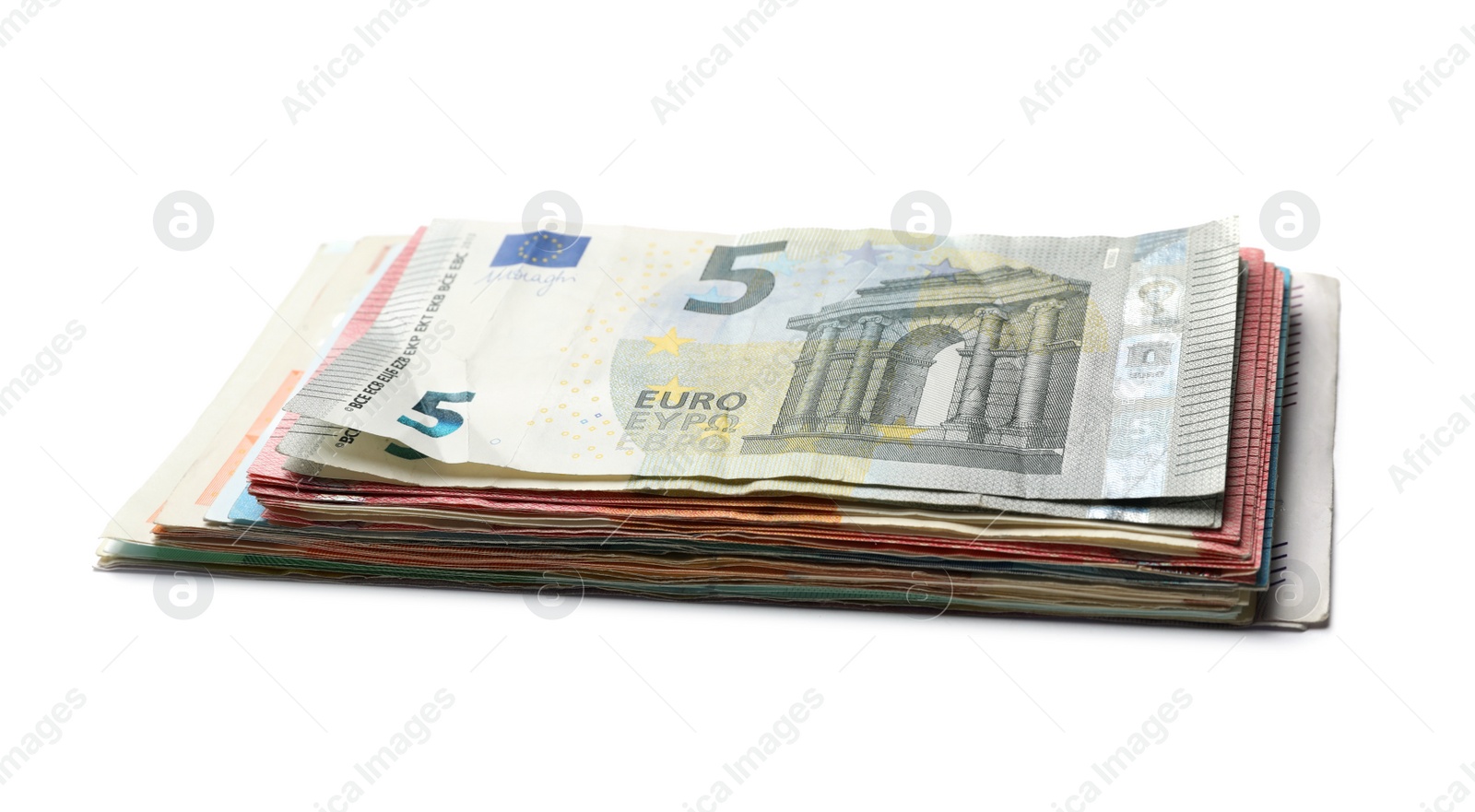 Image of Pile of different Euro banknotes on white background