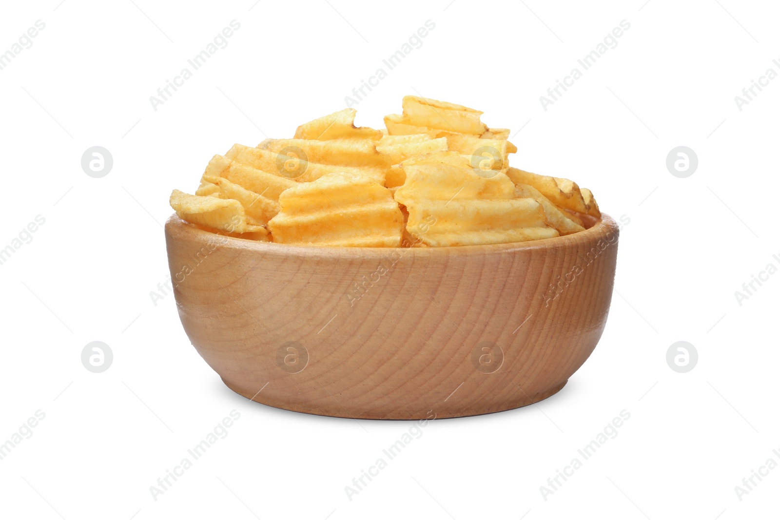 Photo of Bowl with delicious ridged potato chips isolated on white