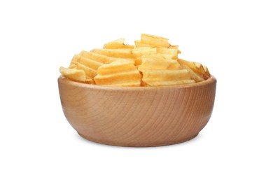 Photo of Bowl with delicious ridged potato chips isolated on white