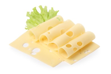 Slices of tasty fresh cheese and lettuce isolated on white