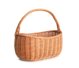 Photo of Empty wicker picnic basket isolated on white