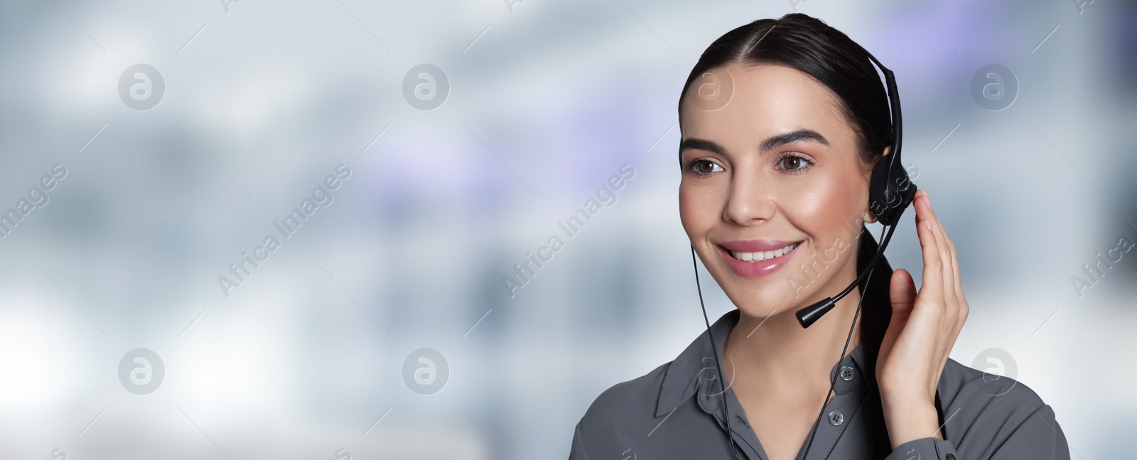 Image of Hotline operator with headset in office, space for text. Banner design