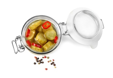 Photo of Jar with pickled cucumbers on white background, top view
