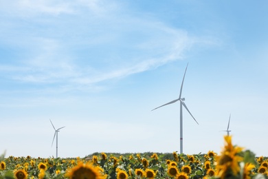 Photo of Modern wind turbine in sunflower field. Energy efficiency