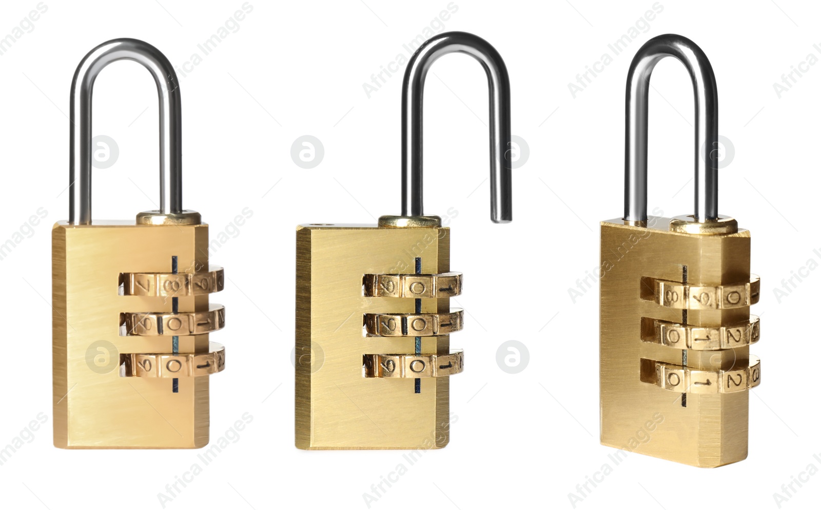Image of Metal combination padlocks on white background, collage