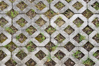 Photo of Fresh green grass growing through tiles outdoors, top view